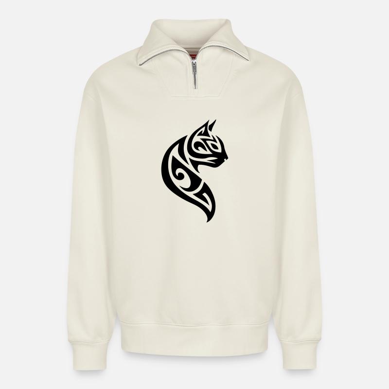 Katze Tribal - Relaxed Unisex Organic Half Zip Sweatshirt – von SPREAD - Naturweiß