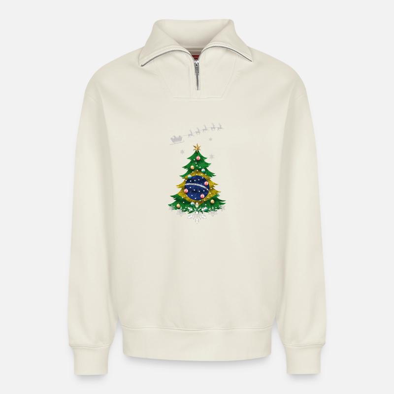 Weihnachtsbaum mit brasilianischer Flagge - Relaxed Unisex Organic Half Zip Sweatshirt – von SPREAD - Naturweiß