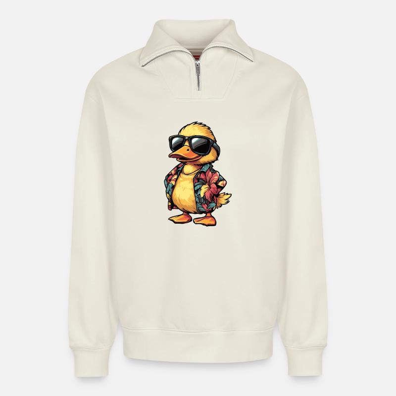 Duck Comic Holiday - Sweat unisexe décontracté en coton biologique à demi-zip – de SPREAD - blanc cassé