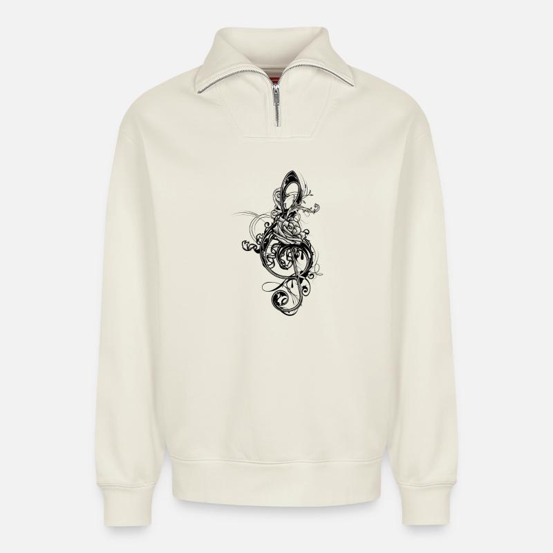 treble clef - Relaxed Unisex Organic Half Zip Sweatshirt – by SPREAD - off white