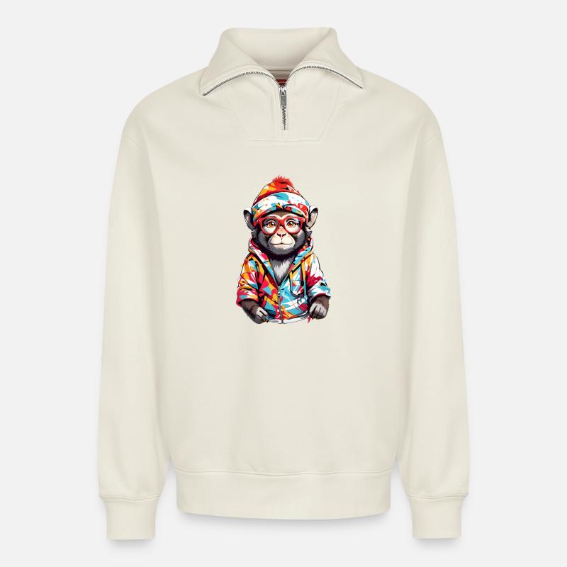 Cool monkey - Relaxed Unisex Organic Half Zip Sweatshirt – by SPREAD - off white