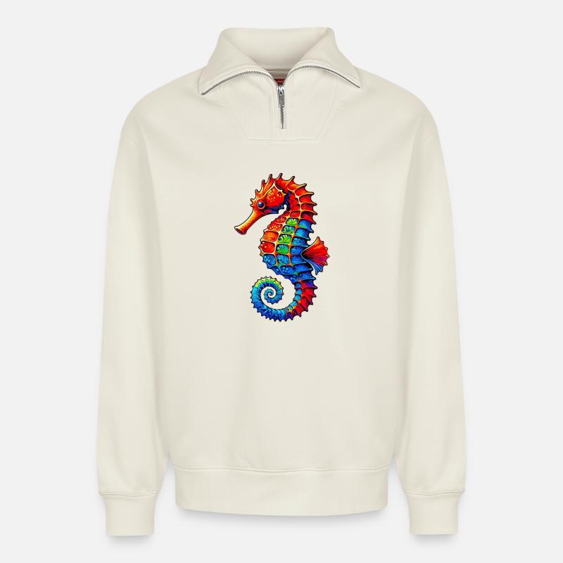 Hippocampe - Sweat unisexe décontracté en coton biologique à demi-zip – de SPREAD - blanc cassé