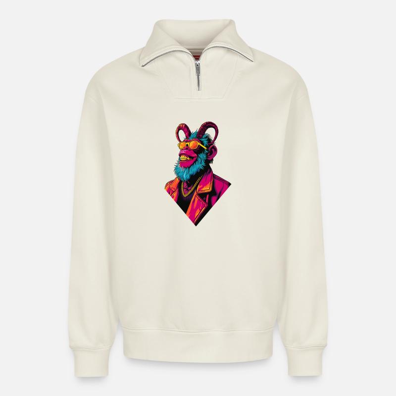 Devil Monkey - Relaxed Unisex Organic Half Zip Sweatshirt – von SPREAD - Naturweiß