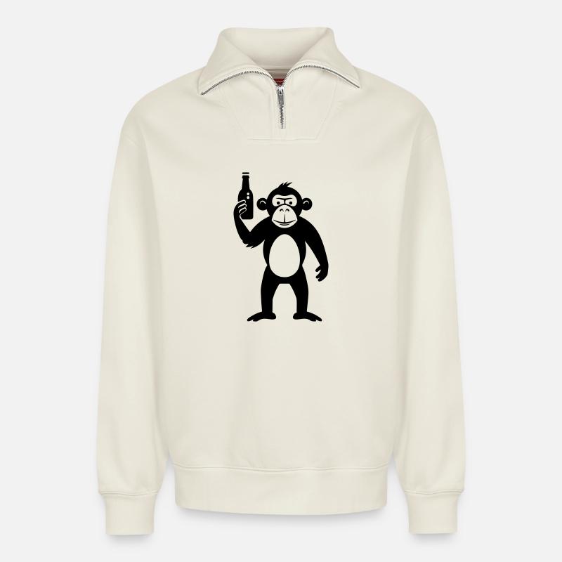 Monkey with beer bottle - Relaxed Unisex Organic Half Zip Sweatshirt – by SPREAD - off white