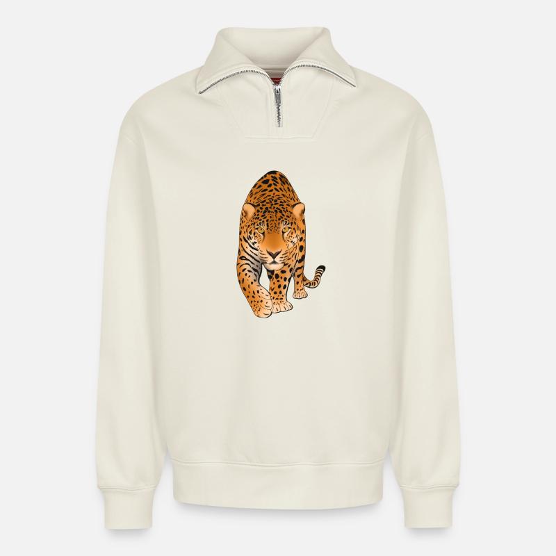 Leopard Raubkatze - Relaxed Unisex Organic Half Zip Sweatshirt – von SPREAD - Naturweiß