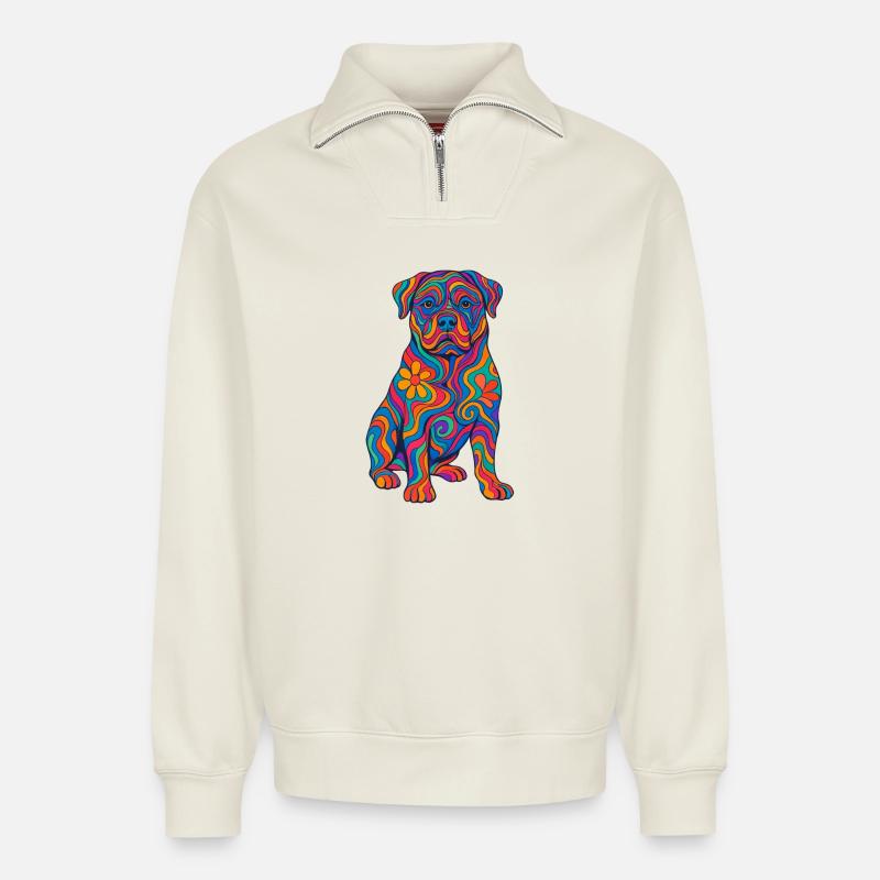 Psychedelischer und bunter Regenbogenhund - Relaxed Unisex Organic Half Zip Sweatshirt – von SPREAD - Naturweiß