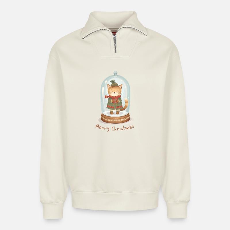 Snow Globe Cat – Merry Christmas - Relaxed Unisex Organic Half Zip Sweatshirt – von SPREAD - Naturweiß