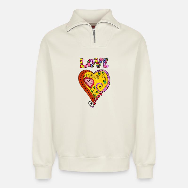 Herz - Relaxed Unisex Organic Half Zip Sweatshirt – von SPREAD - Naturweiß