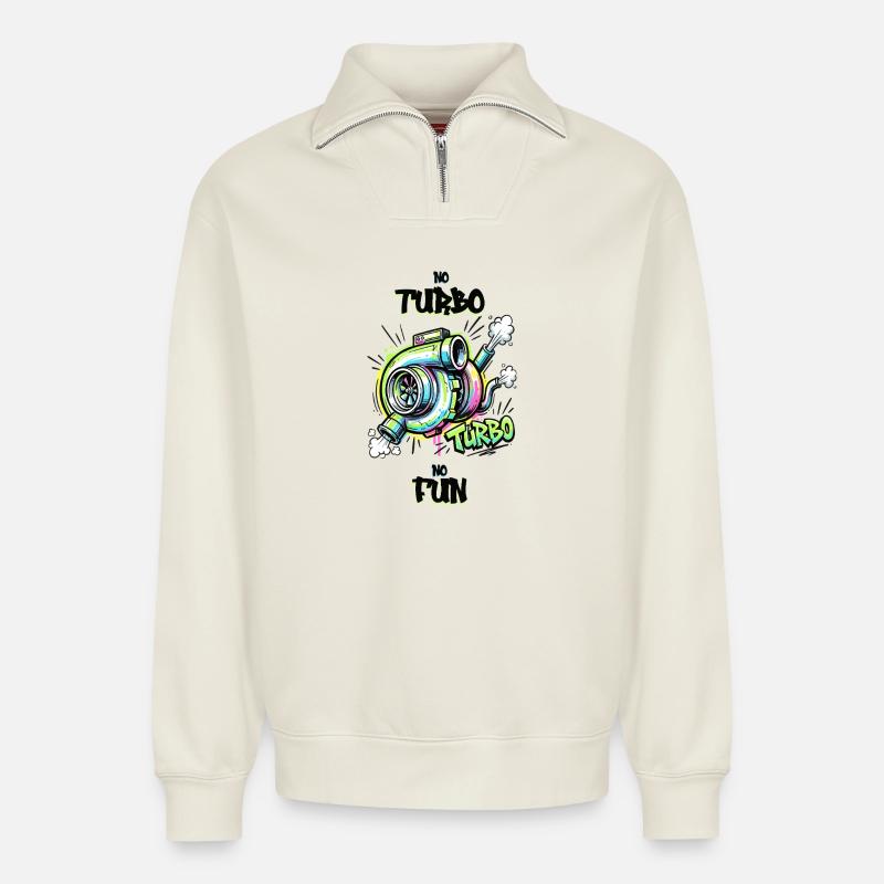 No Turbo No Fun - Relaxed Unisex Organic Half Zip Sweatshirt – von SPREAD - Naturweiß