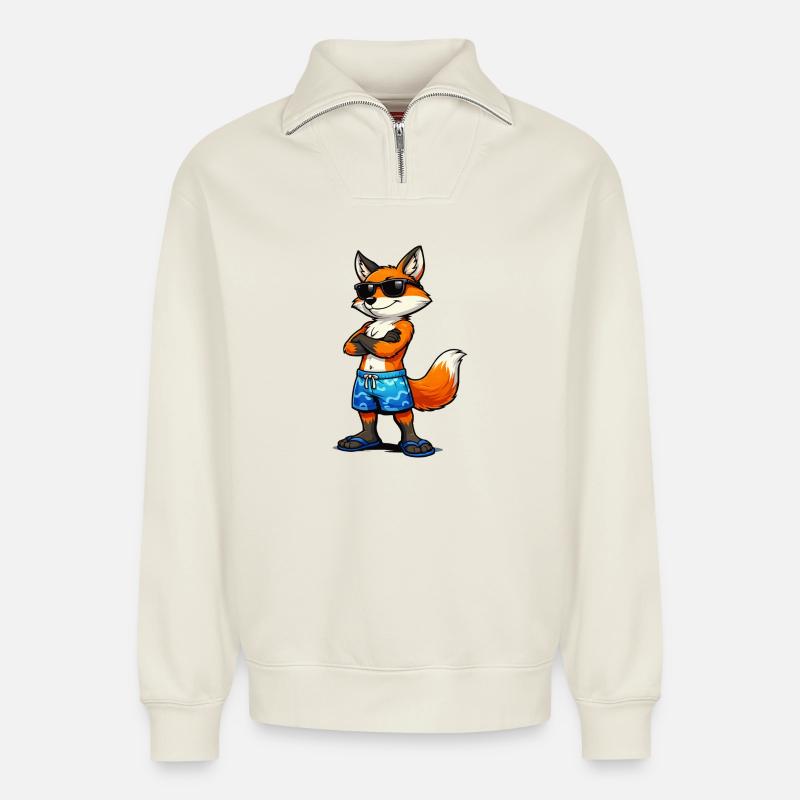 Sommerfuchs mit Sonnenbrille - Relaxed Unisex Organic Half Zip Sweatshirt – von SPREAD - Naturweiß