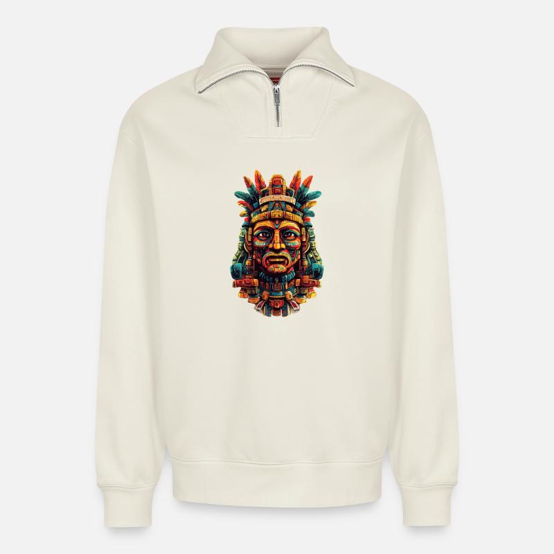 Aztec Feather Mask - Relaxed Unisex Organic Half Zip Sweatshirt – by SPREAD - off white