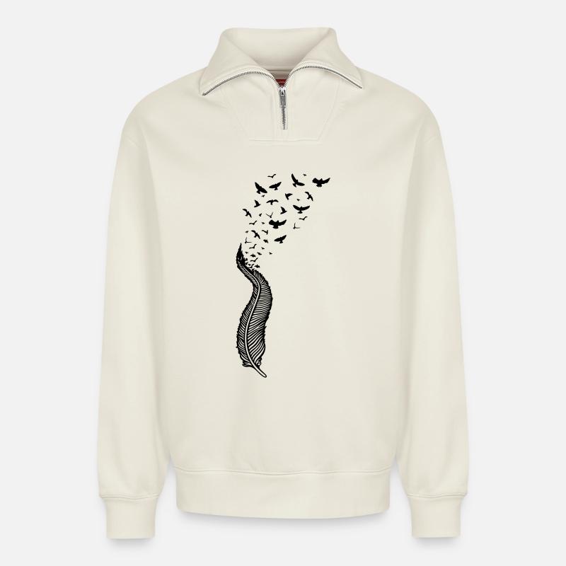 Feder und Vögel, feather with birds - Relaxed Unisex Organic Half Zip Sweatshirt – von SPREAD - Naturweiß