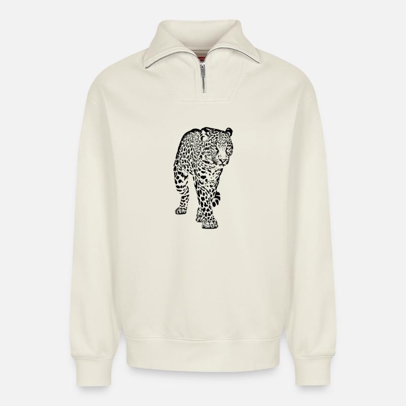 Leopard Tier - Relaxed Unisex Organic Half Zip Sweatshirt – von SPREAD - Naturweiß