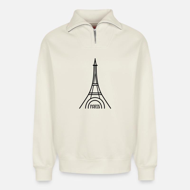Paris with Eiffel Tower - Relaxed Unisex Organic Half Zip Sweatshirt – by SPREAD - off white