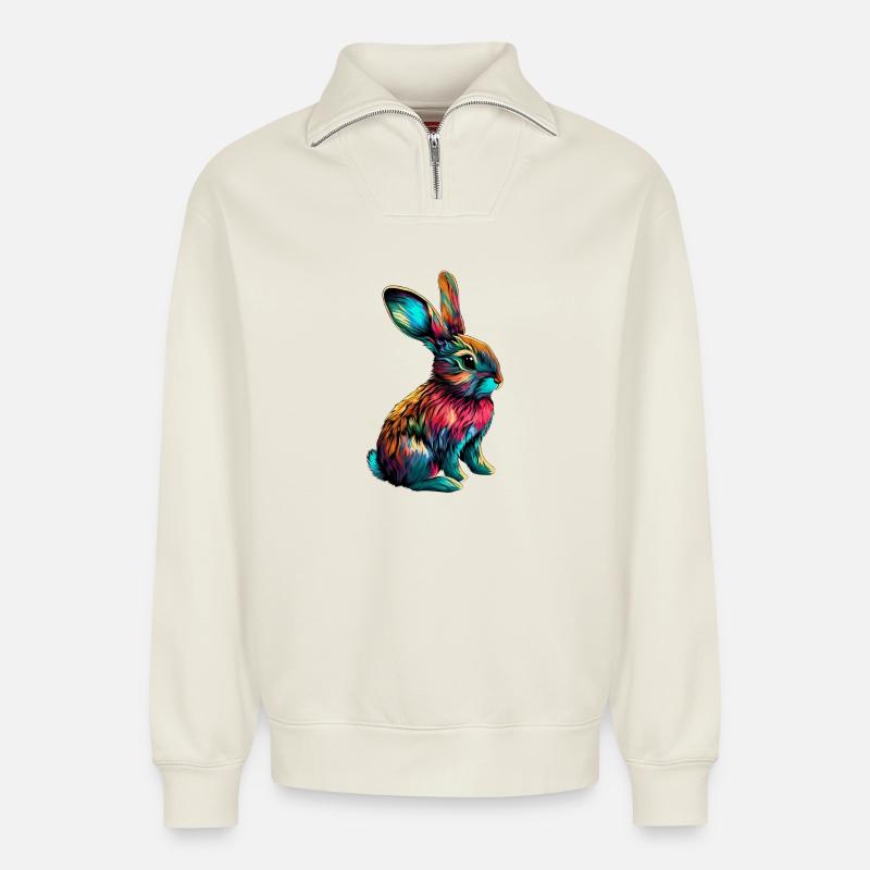 Lapin - Sweat unisexe décontracté en coton biologique à demi-zip – de SPREAD - blanc cassé