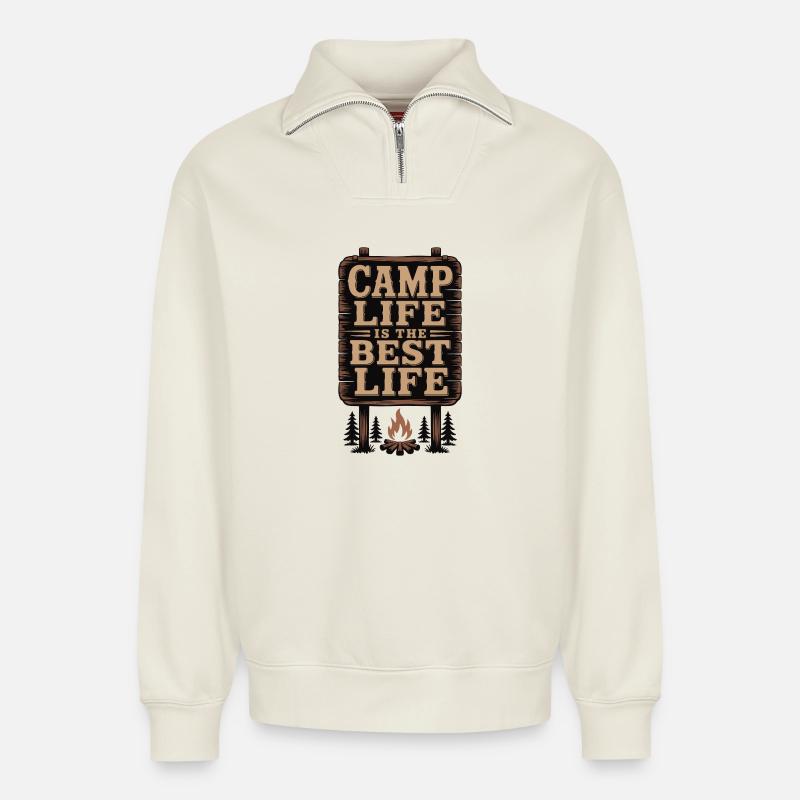 Das Camp-Leben ist das beste Leben - Relaxed Unisex Organic Half Zip Sweatshirt – von SPREAD - Naturweiß