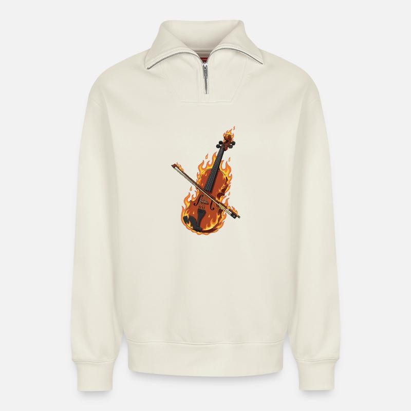 Violon brûlant - Sweat unisexe décontracté en coton biologique à demi-zip – de SPREAD - blanc cassé