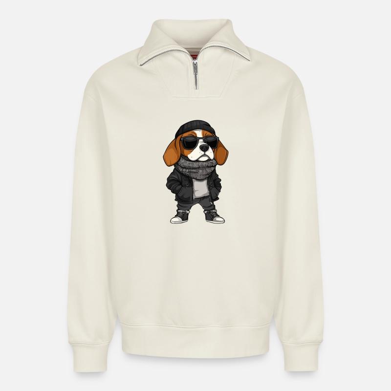 Beagle Hund Cool Winter - Relaxed Unisex Organic Half Zip Sweatshirt – von SPREAD - Naturweiß