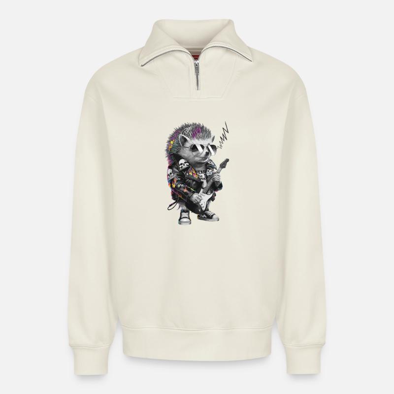 Punkig Igel mit E-Gitarre - Relaxed Unisex Organic Half Zip Sweatshirt – von SPREAD - Naturweiß