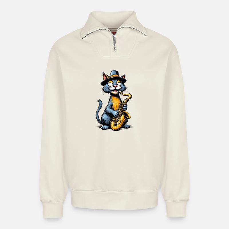 Jazz Cat mit Saxophon - Relaxed Unisex Organic Half Zip Sweatshirt – von SPREAD - Naturweiß