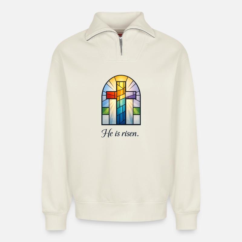 He Is Risen - Relaxed Unisex Organic Half Zip Sweatshirt – von SPREAD - Naturweiß