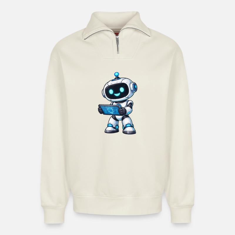 Small robot with tablet - Relaxed Unisex Organic Half Zip Sweatshirt – by SPREAD - off white