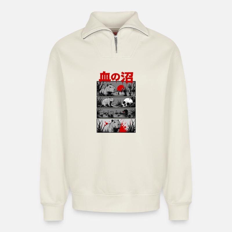 Horror Capybara Japan Style - Relaxed Unisex Organic Half Zip Sweatshirt – von SPREAD - Naturweiß