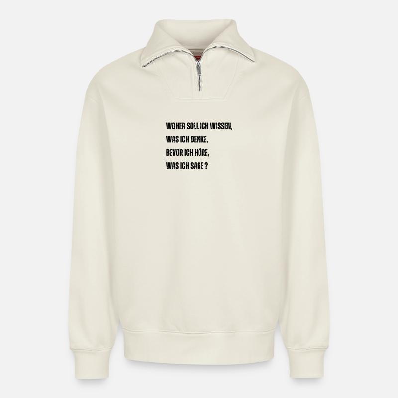 Lebensklischees Hinterfragt - Relaxed Unisex Organic Half Zip Sweatshirt – von SPREAD - Naturweiß
