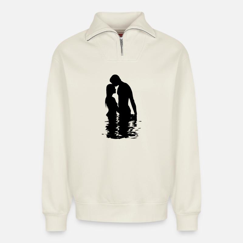 Couple relation cadeau Saint-Valentin - Sweat unisexe décontracté en coton biologique à demi-zip – de SPREAD - blanc cassé