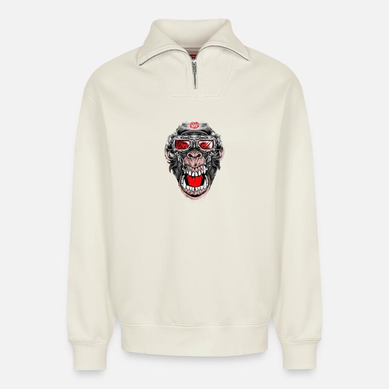 Crazy Monkey - Relaxed Unisex Organic Half Zip Sweatshirt – by SPREAD - off white