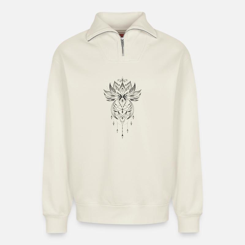 Dekorative Lotusblüte - Relaxed Unisex Organic Half Zip Sweatshirt – von SPREAD - Naturweiß