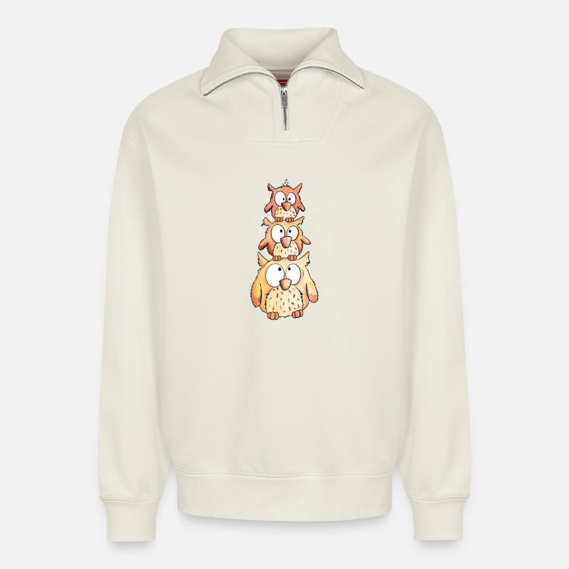 Drei Kleine Eulen - Relaxed Unisex Organic Half Zip Sweatshirt – von SPREAD - Naturweiß