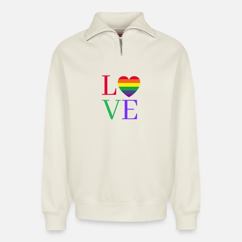 Rainbow Love Heart Pride - Relaxed Unisex Organic Half Zip Sweatshirt – by SPREAD - off white