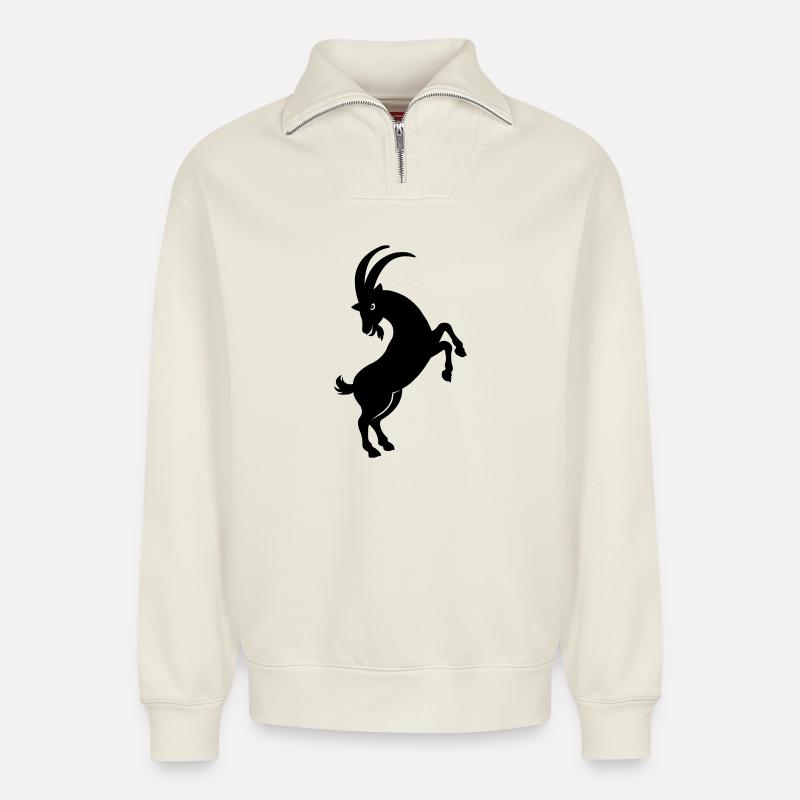 Figure d’ombre de chèvre - Sweat unisexe décontracté en coton biologique à demi-zip – de SPREAD - blanc cassé