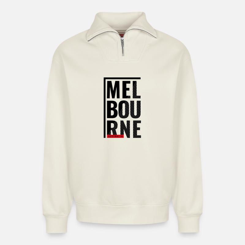 Melbourne, Australie, Conception typographique - Sweat unisexe décontracté en coton biologique à demi-zip – de SPREAD - blanc cassé