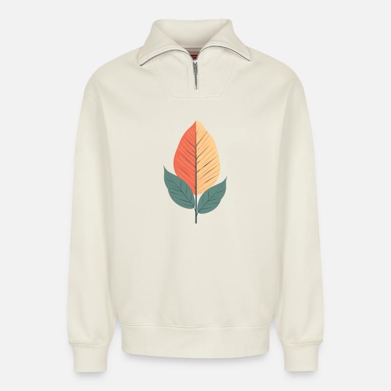 Minimalist Leaf - Relaxed Unisex Organic Half Zip Sweatshirt – by SPREAD - off white