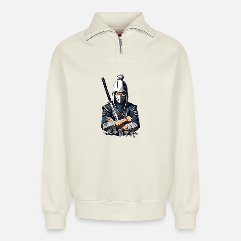 Guerrier samouraï - Sweat unisexe décontracté en coton biologique à demi-zip – de SPREAD - blanc cassé