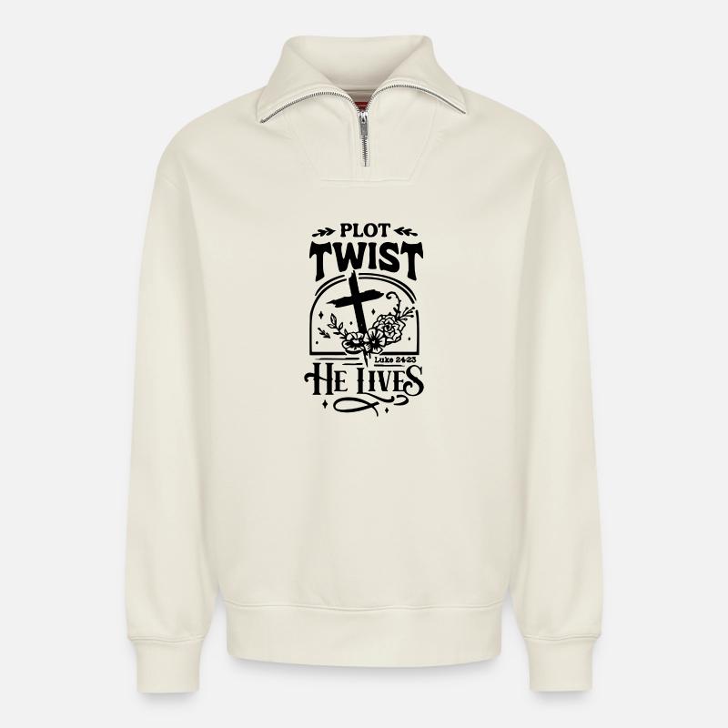 Plot Twist: Er lebt Ostern Christ - Relaxed Unisex Organic Half Zip Sweatshirt – von SPREAD - Naturweiß