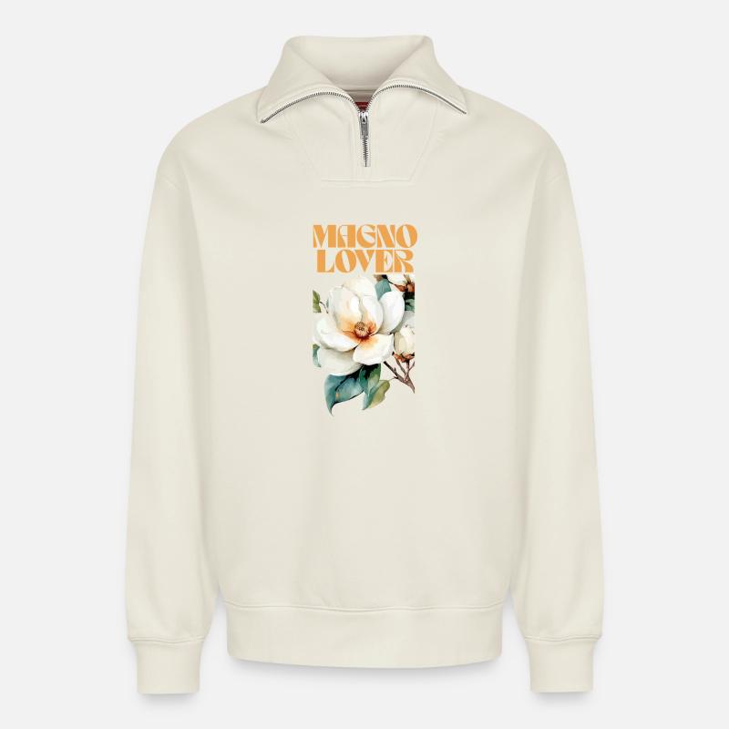 Conception botanique Magnolia Love - Sweat unisexe décontracté en coton biologique à demi-zip – de SPREAD - blanc cassé