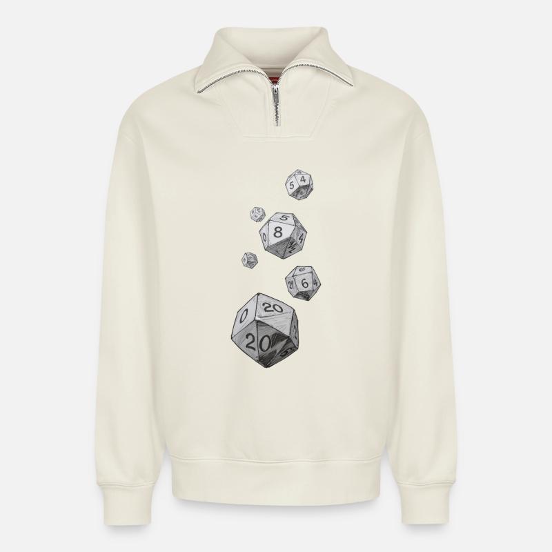 Schwarz-Weiß Rollenspielwürfel – Falling Dice - Relaxed Unisex Organic Half Zip Sweatshirt – von SPREAD - Naturweiß