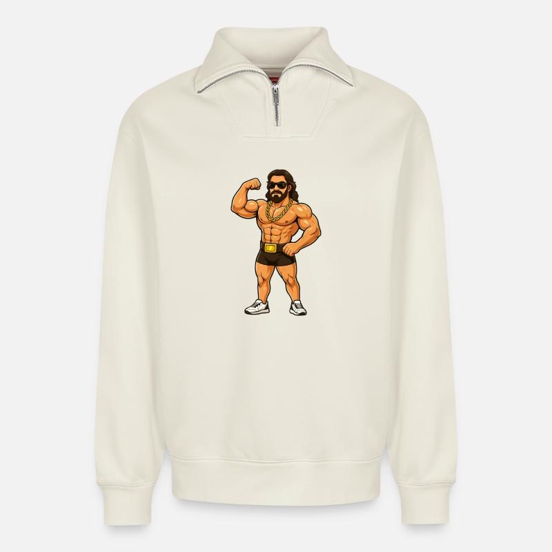 Wrestler mit Goldkette - Relaxed Unisex Organic Half Zip Sweatshirt – von SPREAD - Naturweiß