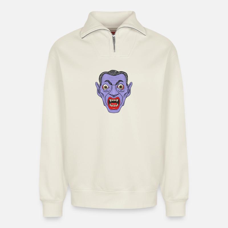 Vampire Devil Face - Relaxed Unisex Organic Half Zip Sweatshirt – by SPREAD - off white