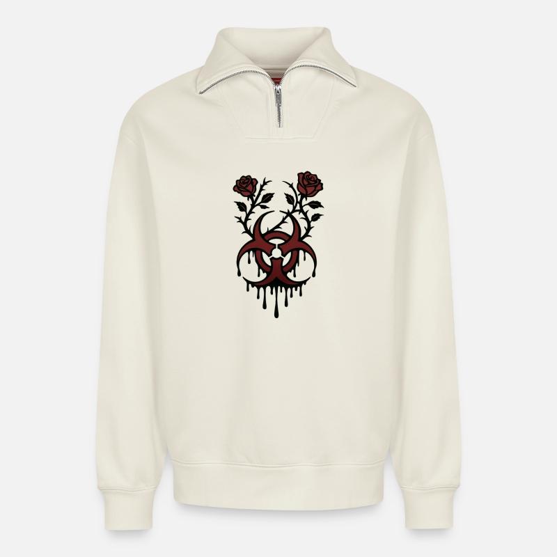Underground biohazard - Roses de sang - Sweat unisexe décontracté en coton biologique à demi-zip – de SPREAD - blanc cassé