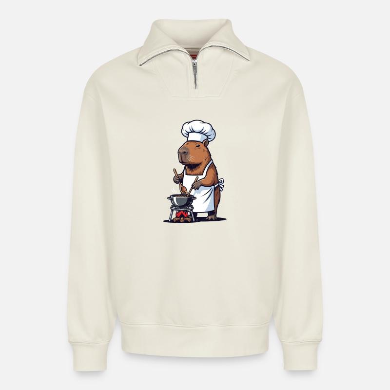 Chefkoch Capybara Koch am Topf - Relaxed Unisex Organic Half Zip Sweatshirt – von SPREAD - Naturweiß