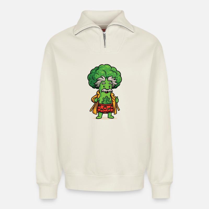 Brocoli Einstein - Sweat unisexe décontracté en coton biologique à demi-zip – de SPREAD - blanc cassé