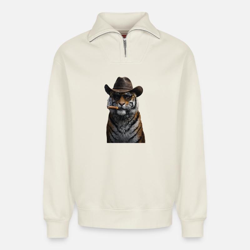 Cowboy-Tiger mit Zigarre - Relaxed Unisex Organic Half Zip Sweatshirt – von SPREAD - Naturweiß