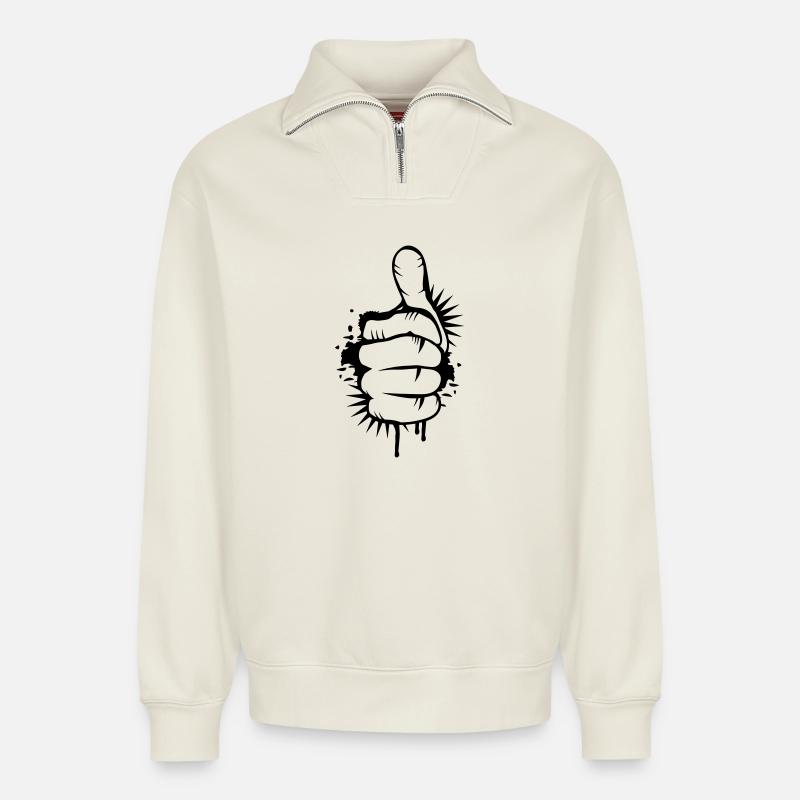 Hand mit Daumen nach oben - Relaxed Unisex Organic Half Zip Sweatshirt – von SPREAD - Naturweiß