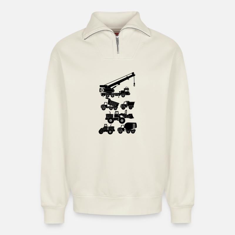 Road and construction vehicles - Relaxed Unisex Organic Half Zip Sweatshirt – by SPREAD - off white