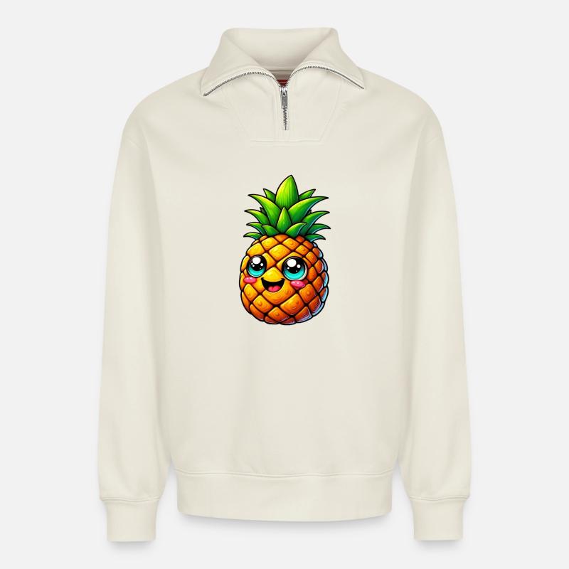Ananas - Sweat unisexe décontracté en coton biologique à demi-zip – de SPREAD - blanc cassé