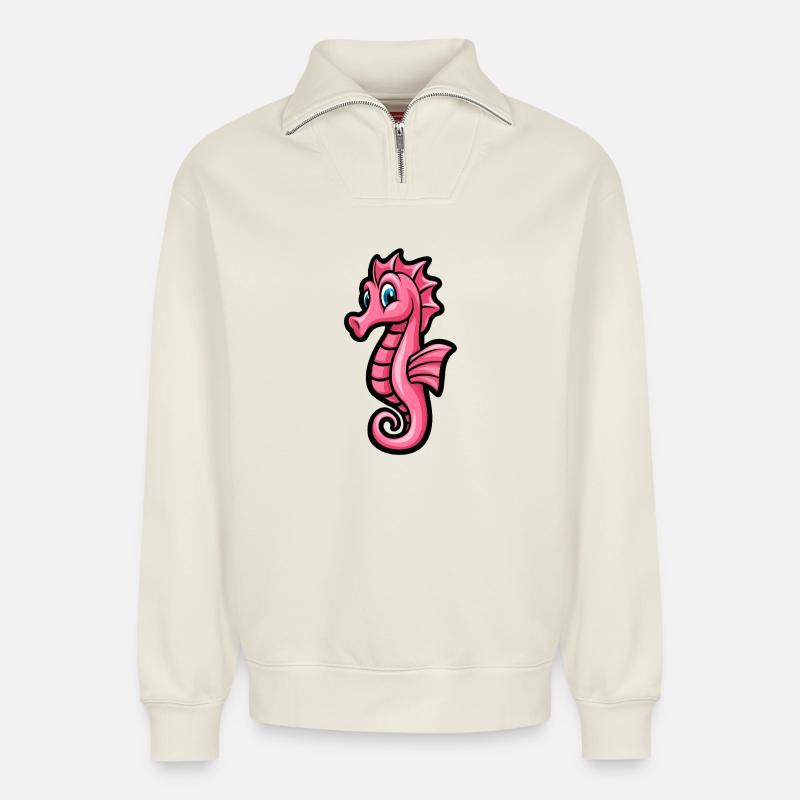 pink rosa Seepferdchen :) - Relaxed Unisex Organic Half Zip Sweatshirt – von SPREAD - Naturweiß